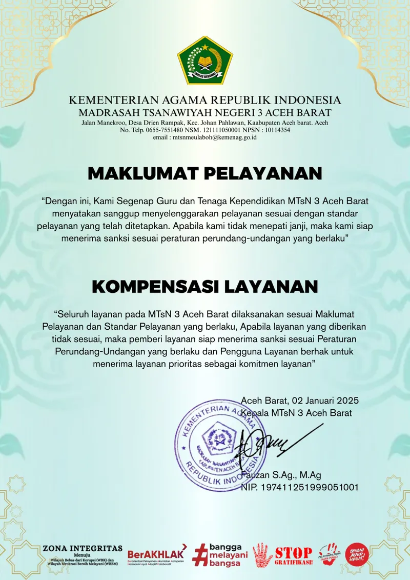 Maklumat Pelayanan MTsN 3 Aceh Barat